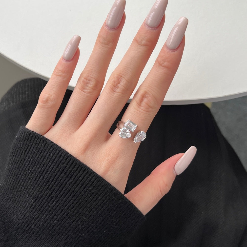 S925 Sterling Silver Ring Women's Fashion Inlaid Pear-shaped Heart-shaped Zircon