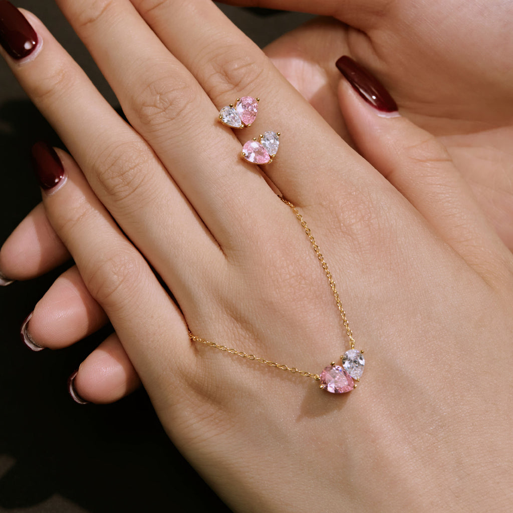 S925 Sterling Silver Zircon Necklace Ear Stud Pink White Love Heart Drop Shape Jewelry Suit