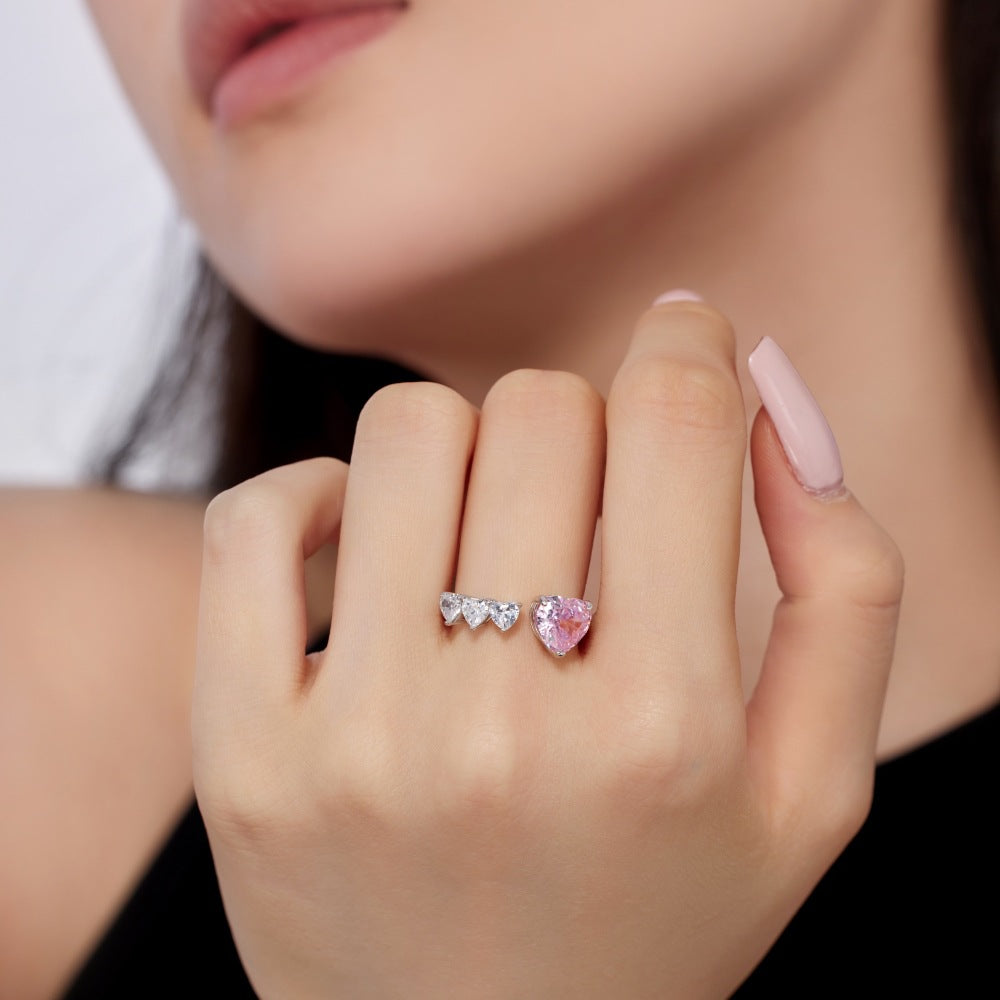 S925 Sterling Silver Ring Female Sweet Loving Heart Shape Two-color Zircon