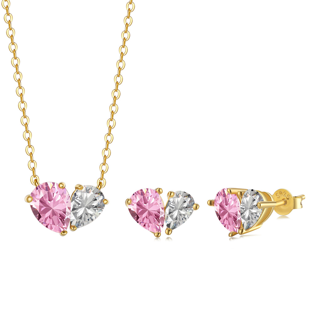 S925 Sterling Silver Zircon Necklace Ear Stud Pink White Love Heart Drop Shape Jewelry Suit
