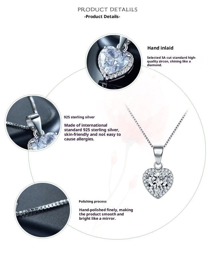 S925 Sterling Silver Heart-shaped Zircon Full Diamond Necklace
