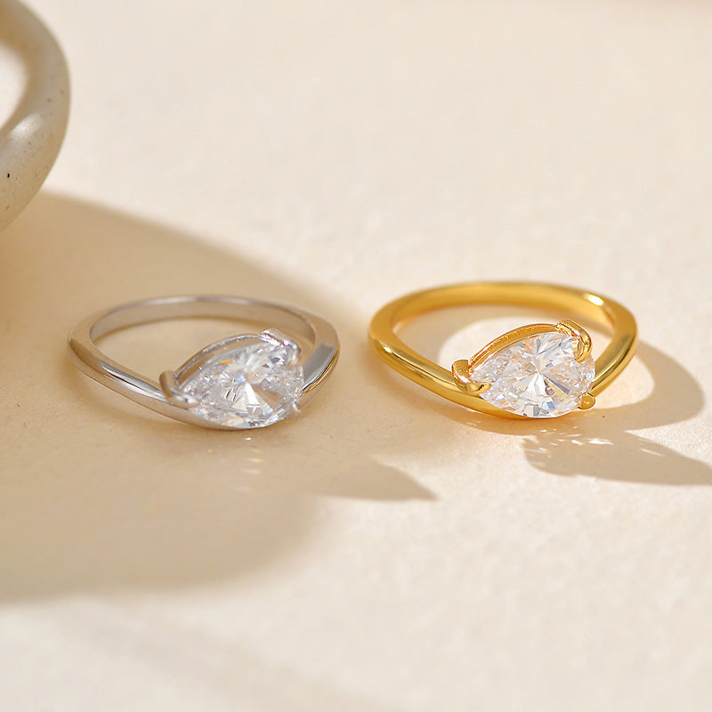 New S925 Sterling Silver Drop-shaped Zircon Ring Wavy