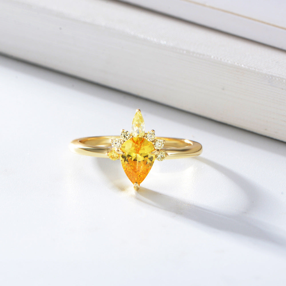 S925 Sterling Silver Drop Shape Yellow Zircon Ring