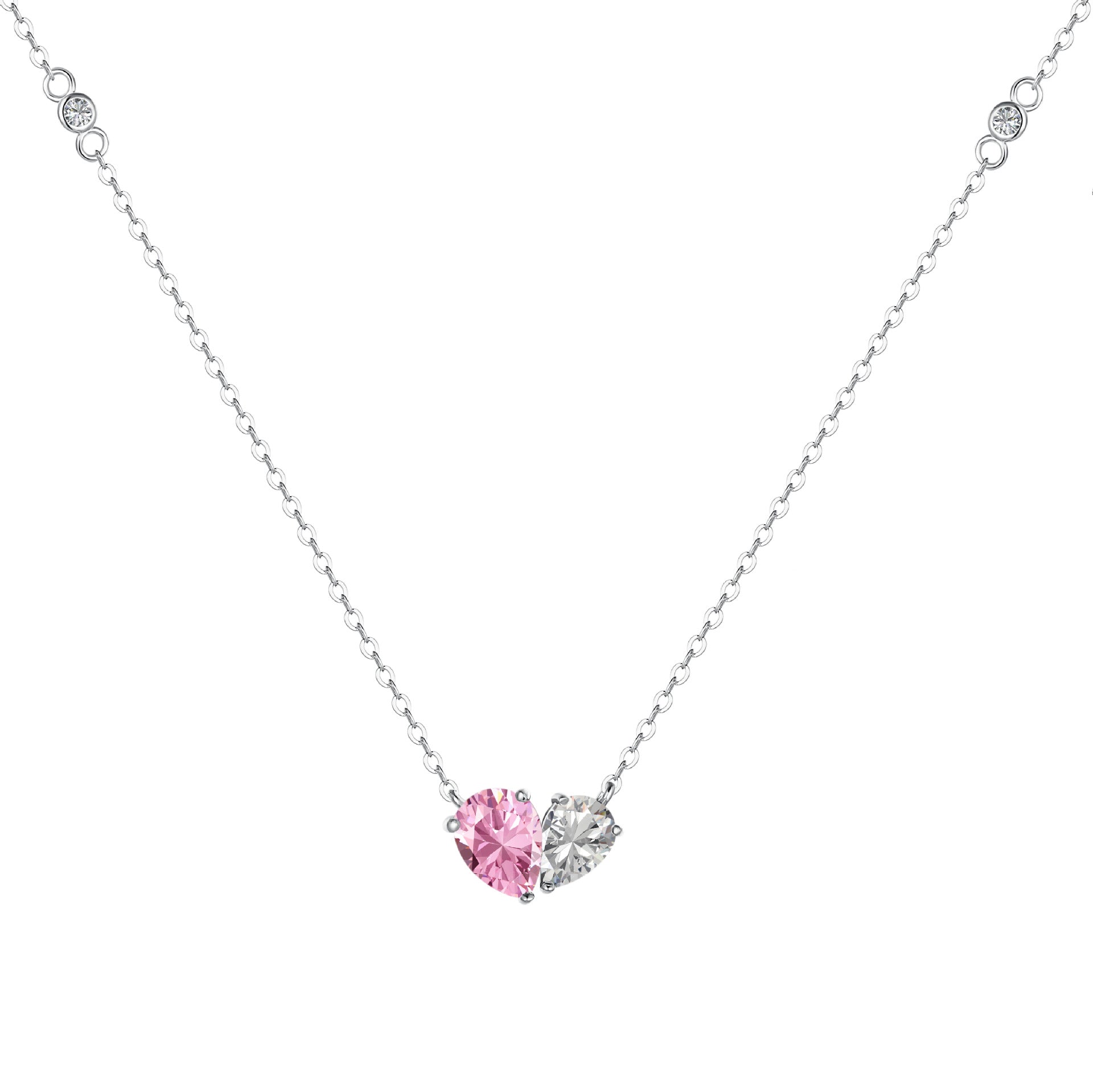 S925 Sterling Silver Zircon Necklace Ear Stud Pink White Love Heart Drop Shape Jewelry Suit