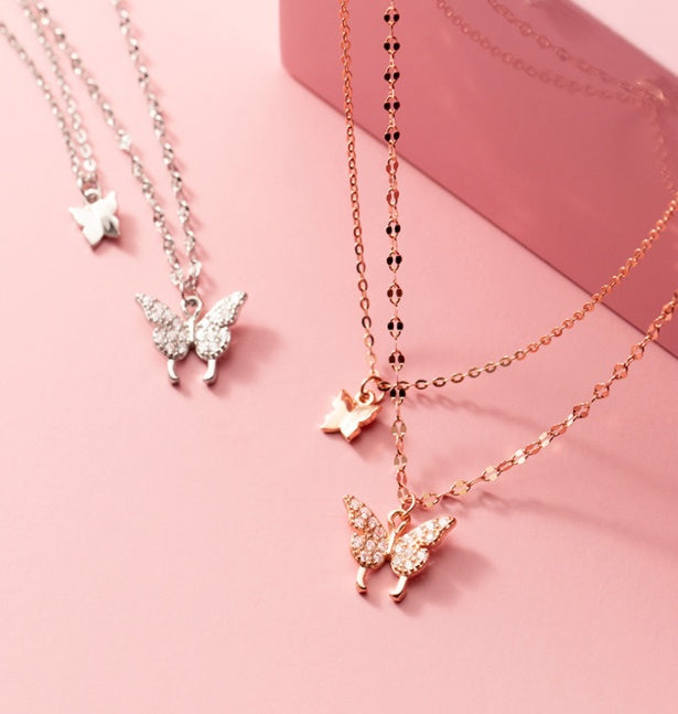 S925 Silver Double Layer Butterfly Temperament Diamond Necklace