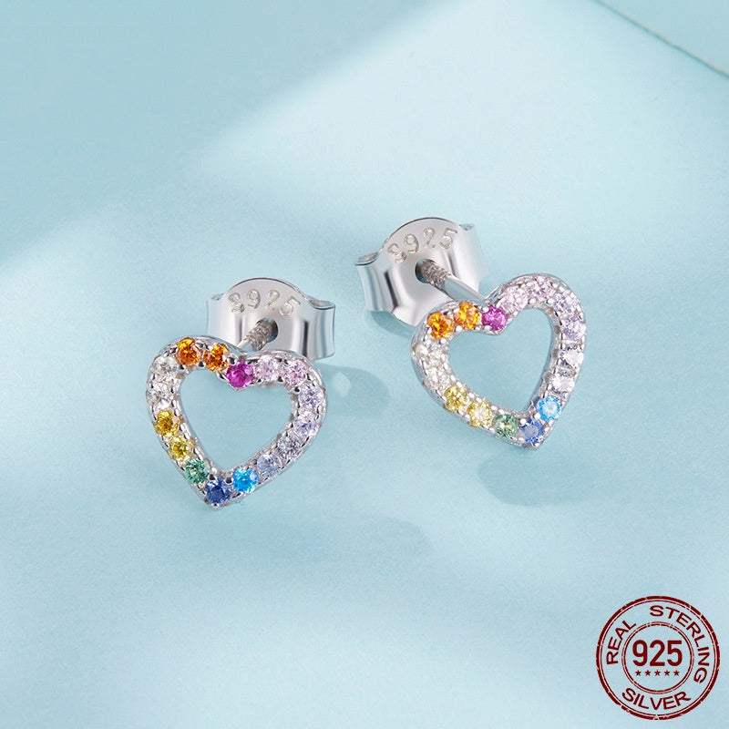 S925 Sterling Silver Colorful Heart-shaped Zircon Stud Earrings