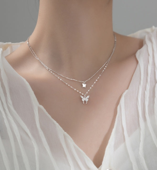 S925 Silver Double Layer Butterfly Temperament Diamond Necklace