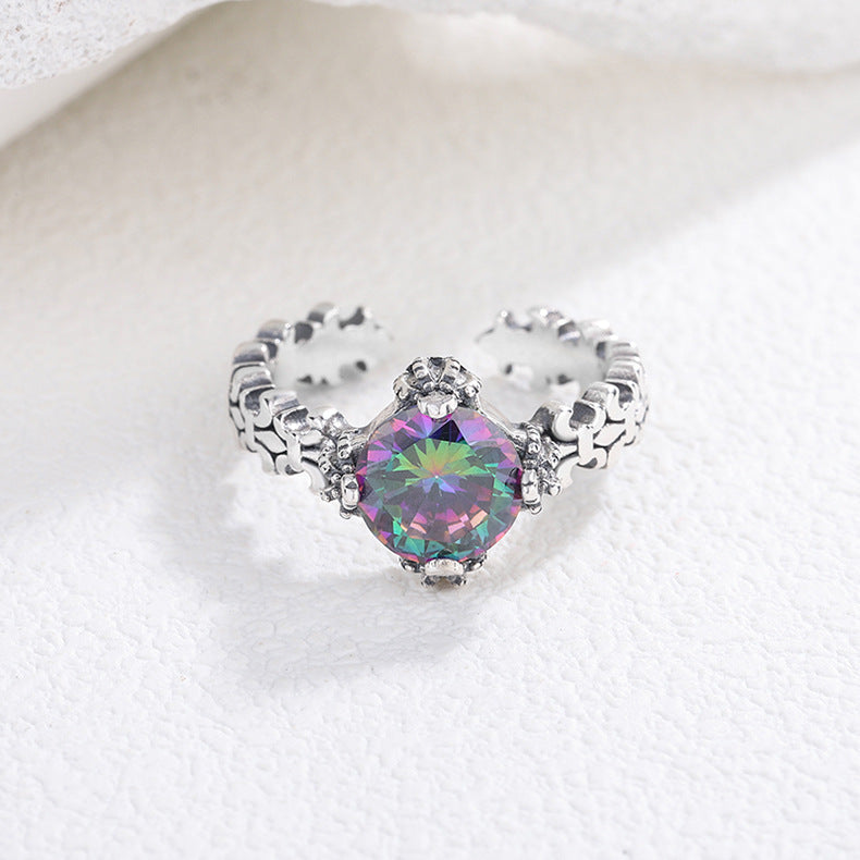 S925 Sterling Silver Vintage Geometric Colorful Zircon Cross Ring