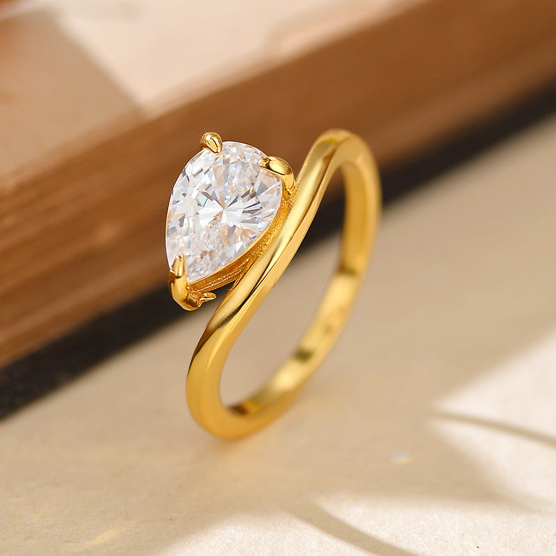 New S925 Sterling Silver Drop-shaped Zircon Ring Wavy