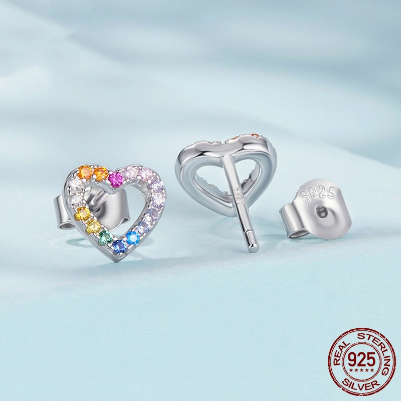 S925 Sterling Silver Colorful Heart-shaped Zircon Stud Earrings