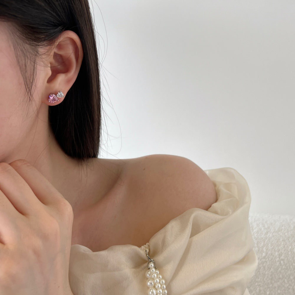 Women's Fashion Versatile S925 Pure Silver Heart-shaped Zircon Earrings