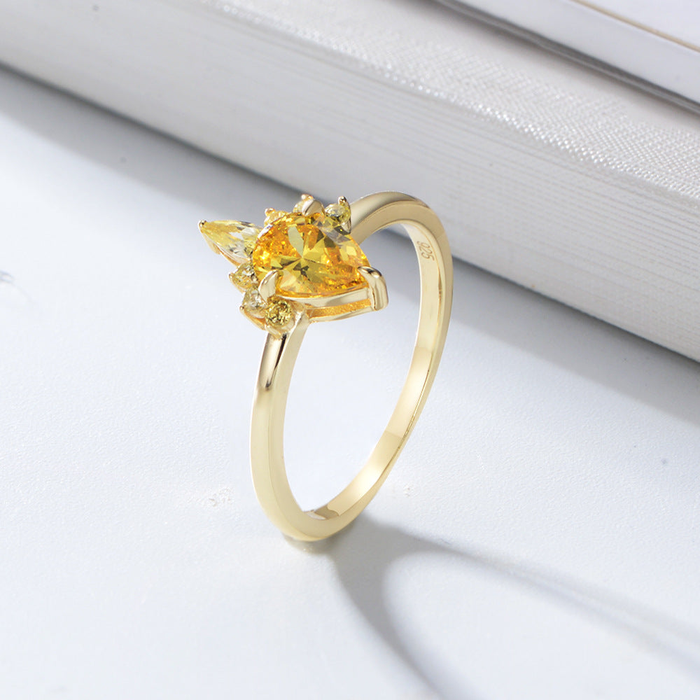 S925 Sterling Silver Drop Shape Yellow Zircon Ring